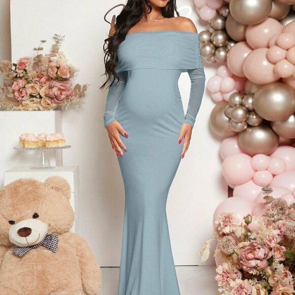 Baby Blue Elegant Women's Maternity Foldover Off Shoulder Mermaid Hem Dress - Picture 5 of 7